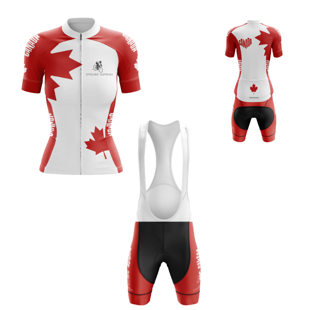 Women's cycling kit showcasing the Canada Love design for patriotic rides  | Cycling Supreme