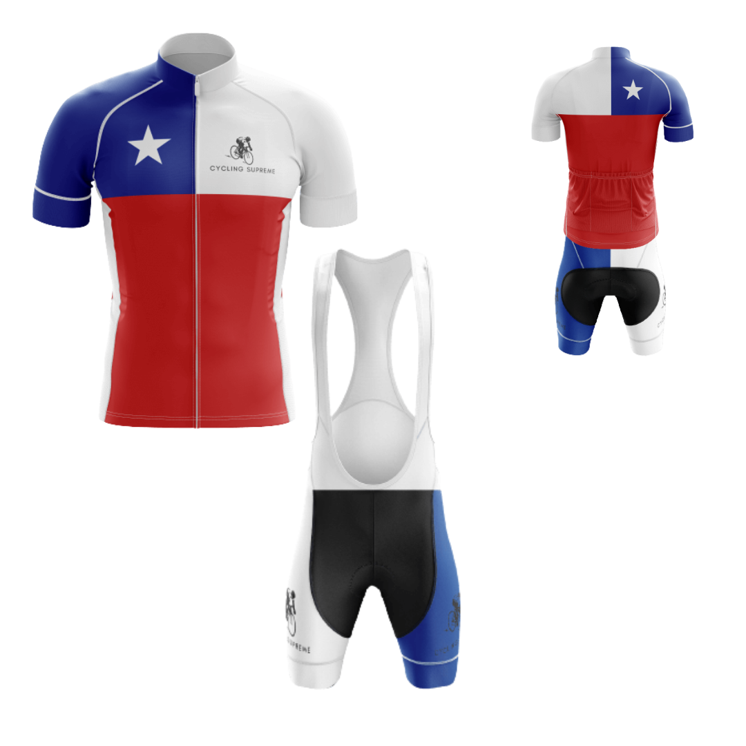 Men's Chile Flag cycling kit with a vibrant Chilean flag design and breathable material for a patriotic and stylish ride | Cycling Supreme