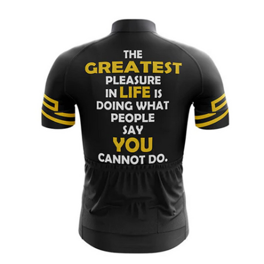 Motivational cycling jersey with the quote "The Greatest Pleasure in Life is Cycling." Ride in comfort and style. | Cycling Supreme