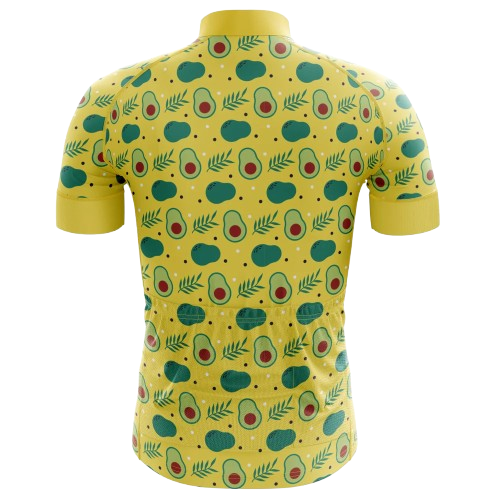 Fun and colorful cycling jersey featuring a trendy avocado print. Ideal for cyclists with a unique style.
