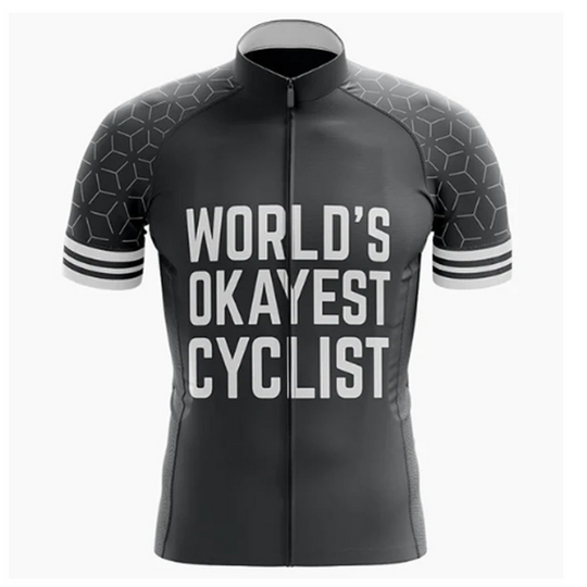 Hilarious and stylish cycling jersey with the "World's Okayest Cyclist" design. Great for casual and pro riders alike. | Cycling Supreme