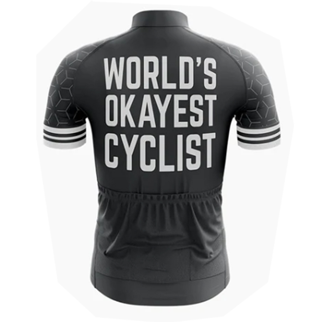Hilarious and stylish cycling jersey with the "World's Okayest Cyclist" design. Great for casual and pro riders alike. | Cycling Supreme