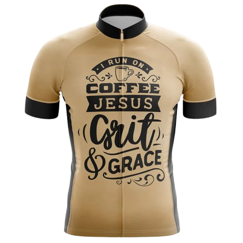 Motivational cycling jersey combining coffee, faith, and determination. | Cycling Supreme