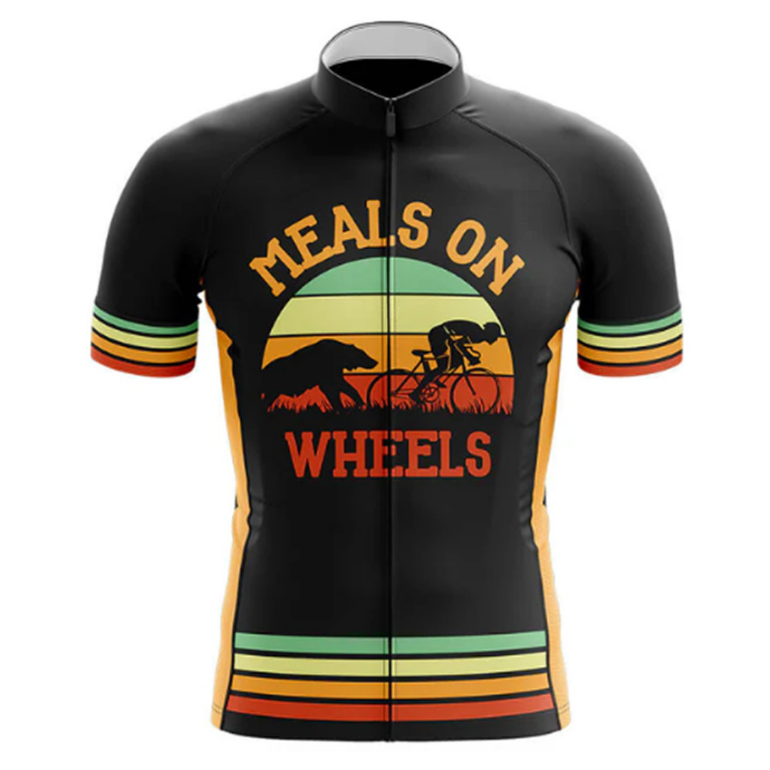Playful and functional cycling jersey with the "Meals on Wheels" design. A great mix of humor and performance. | Cycling Supreme