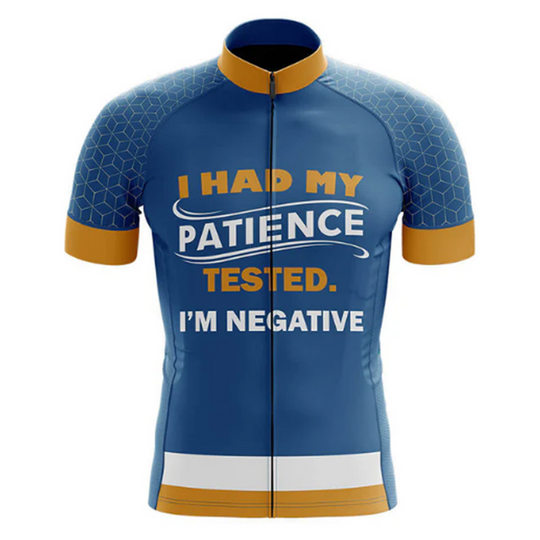Funny and stylish cycling jersey for men with the phrase "I Had My Patience Tested, I'm Negative." | Cycling Supreme