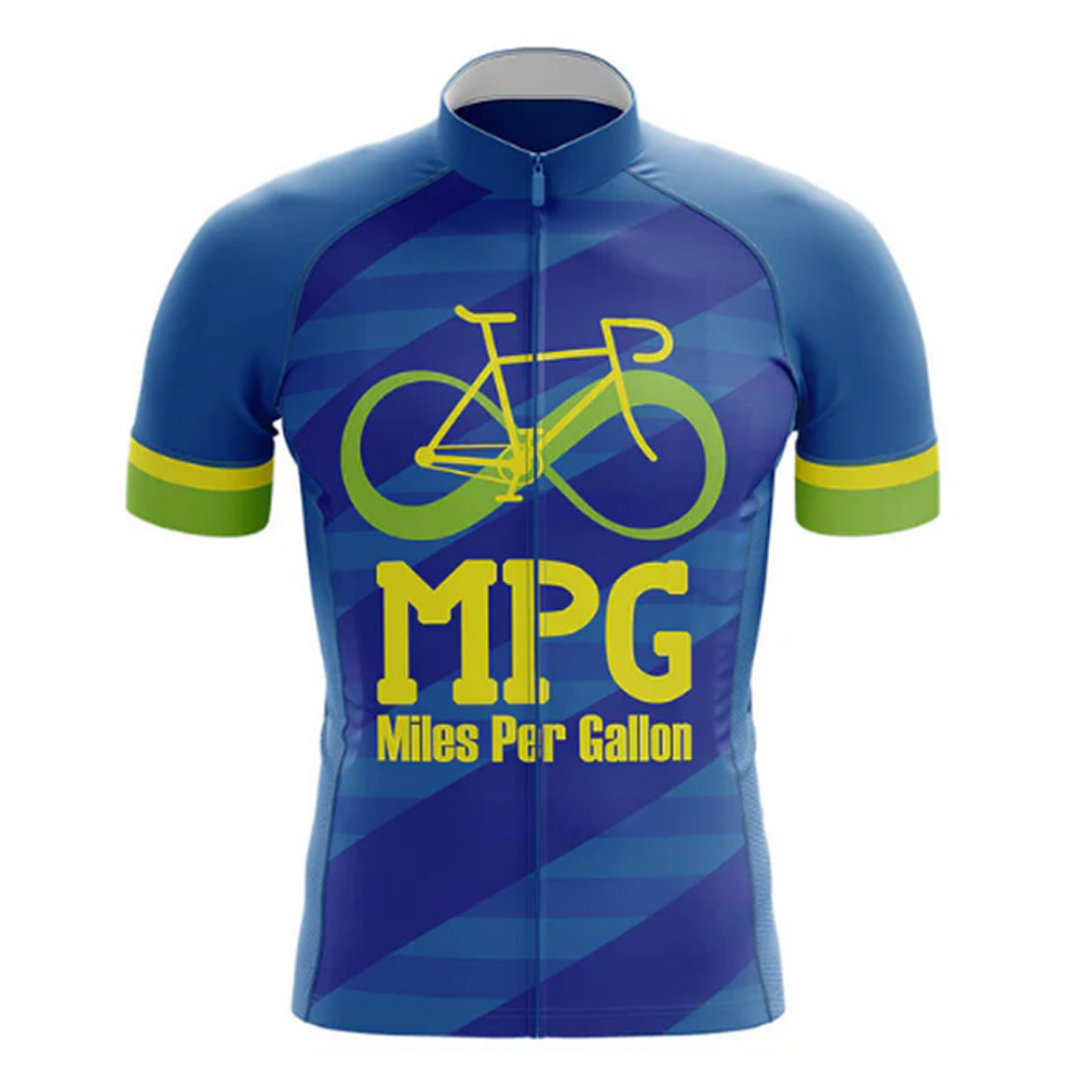 Unique and breathable cycling jersey with the phrase "Miles Per Gallon." Designed for fuel-efficient pedal | Cycling Supreme power.