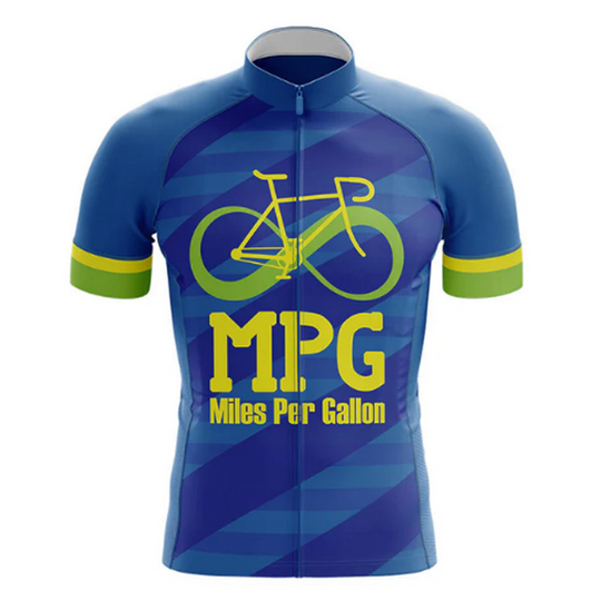 Unique and breathable cycling jersey with the phrase "Miles Per Gallon." Designed for fuel-efficient pedal | Cycling Supreme power.