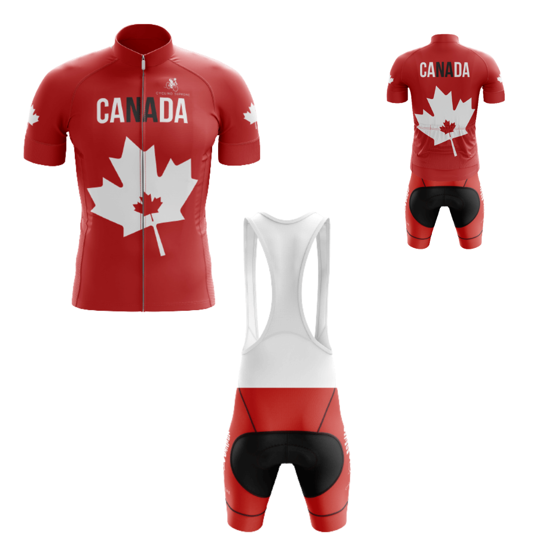 Men's Canada Red/White Leaf cycling kit showcasing a red and white Canadian leaf design and breathable fabric for comfort and style. | Cycling Supreme
