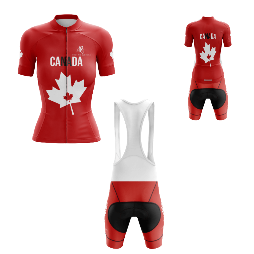 Women's cycling kit with Canada’s red and white leaf design for a striking look | Cycling Supreme