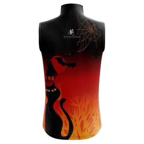 Women's Halloween Cats & Bats sleeveless cycling jersey with a fun cats and bats design for festive Halloween rides. | Cycling Supreme