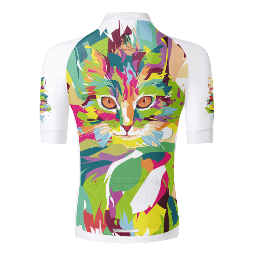 Tie Dye Kitty Aero Jersey with a race fit, combining fun, vibrant design with aerodynamic efficiency. | Cycling Supreme