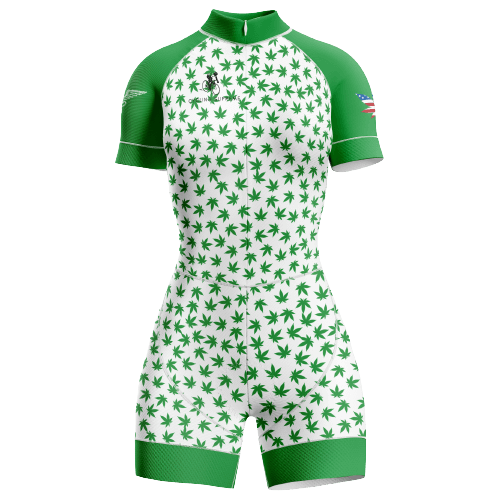 Women's Marijuana triathlon suit with a bold marijuana leaf design and flexible, comfortable fit for athletes. | Cycling Supreme