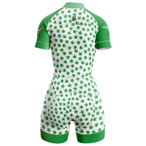 Women's Marijuana triathlon suit with a bold marijuana leaf design and flexible, comfortable fit for athletes. | Cycling Supreme