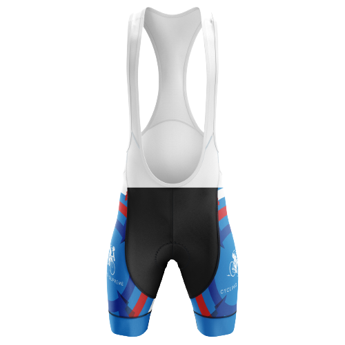 Unisex bib shorts with a blue circle design from Czech Republic. | Cycling Supreme