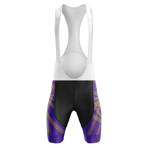 Unisex bib shorts in purple and gold for a regal cycling outfit. | Cycling Supreme