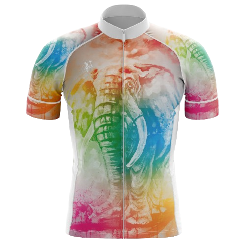 Men's Tie Dye Elephant cycling jersey with a colorful tie-dye elephant design and breathable fabric for a vibrant and comfortable ride. | Cycling Supreme