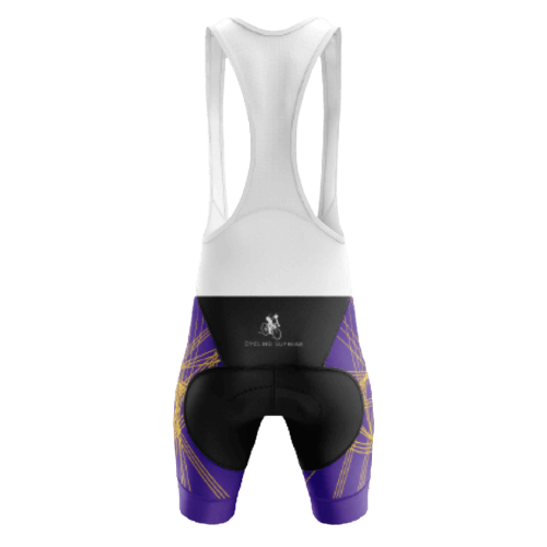 Unisex bib shorts in purple and gold for a regal cycling outfit. | Cycling Supreme