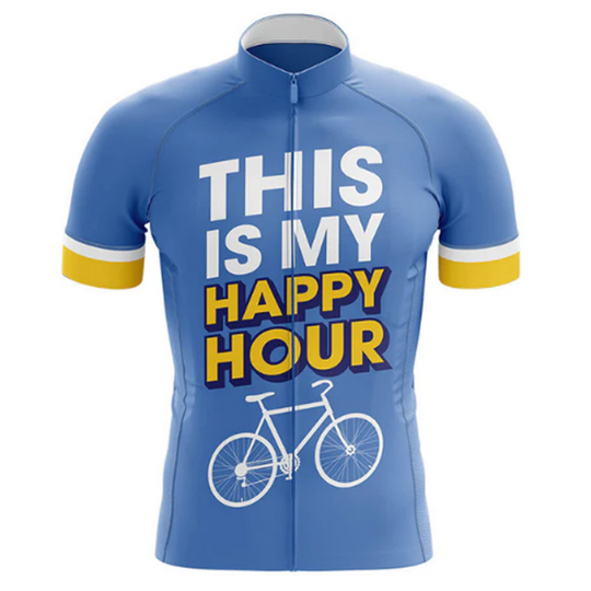Comfortable cycling jersey with a fun "This Is My Happy Hour" slogan. Designed for those who love the ride.
