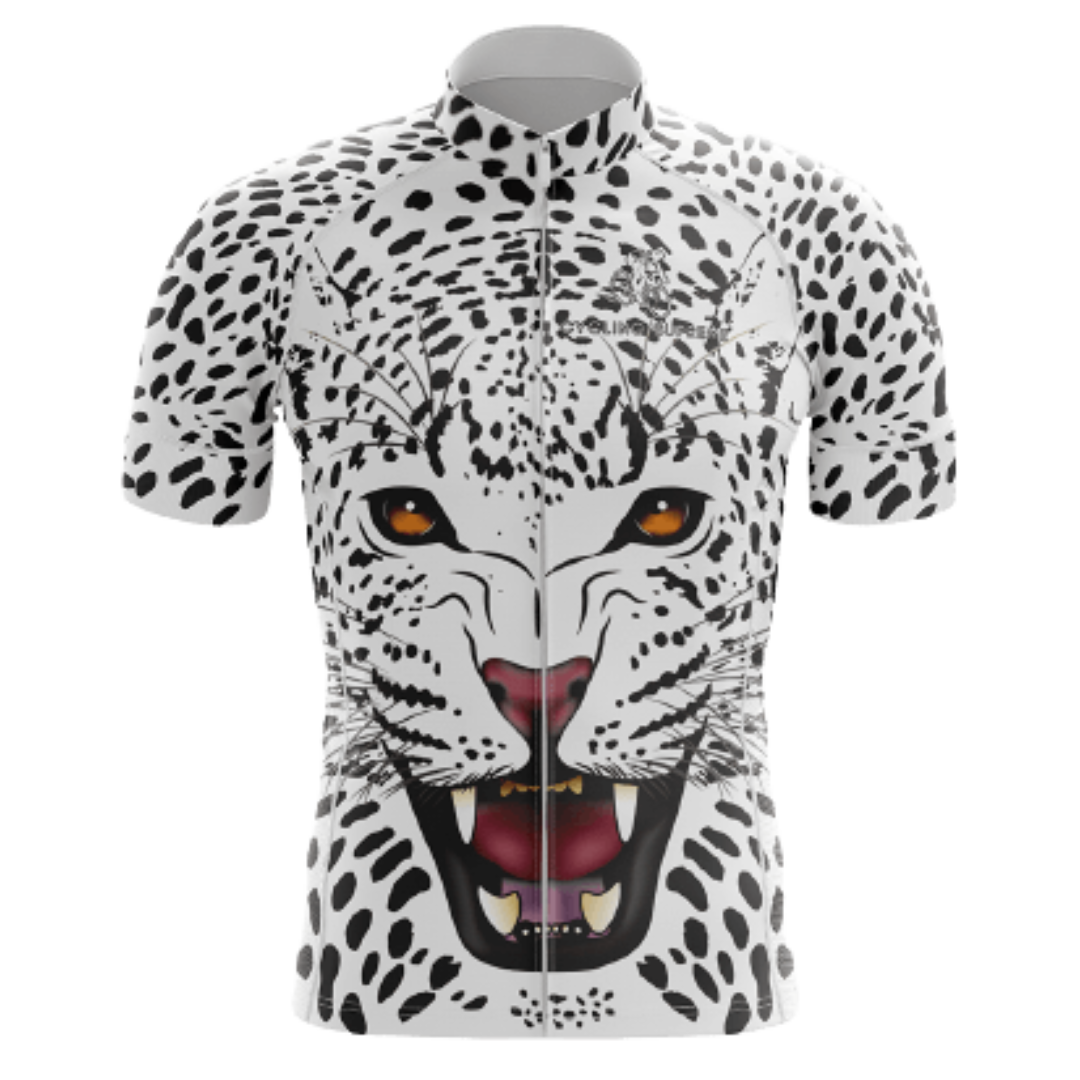 Men's Snow Leopard cycling jersey featuring a striking snow leopard design and breathable fabric for a stylish and comfortable ride. | Cycling Supreme