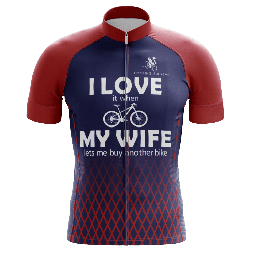 Men's I Love My Wife cycling kit featuring a heartfelt design and breathable fabric for a comfortable and personalized ride | Cycling Supreme