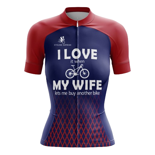 Women's cycling jersey with bike buying humor. | Cycling Supreme