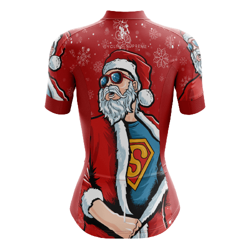 Women's cycling jersey with Superman Santa design. | Cycling Supreme
