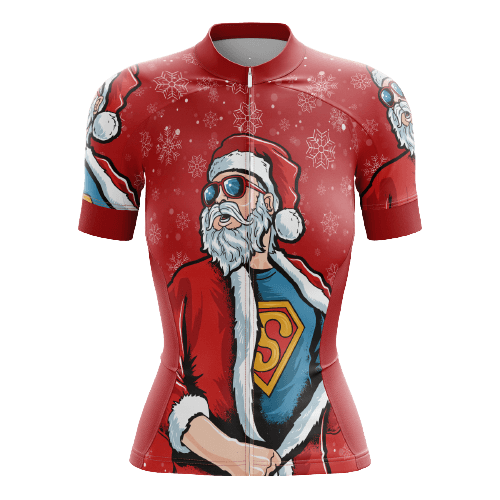 Women's cycling jersey with Superman Santa design. | Cycling Supreme