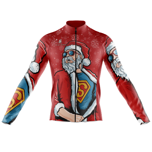 Men's long sleeve cycling jersey with Superman Santa design. | Cycling Supreme