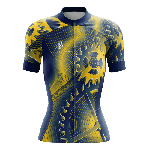 Women's cycling jersey featuring gear patterns. | Cycling Supreme