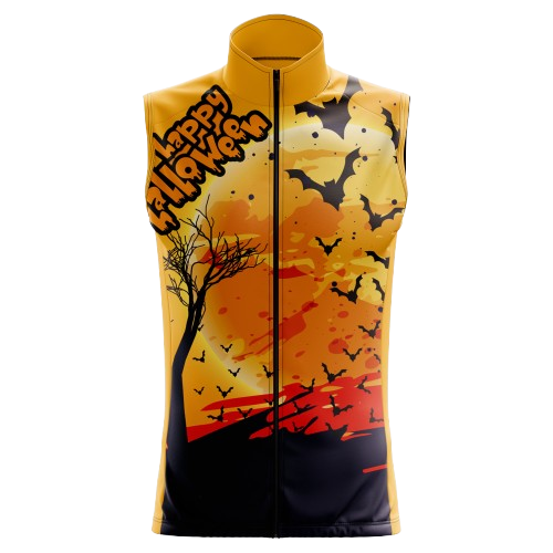 Men's Happy Halloween sleeveless cycling jersey featuring a festive spooky design, ideal for cycling. | Cycling Supreme